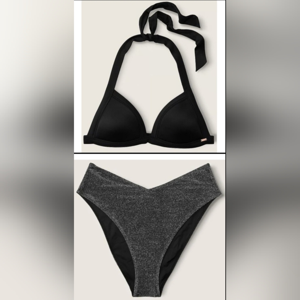 M/M PINK Swim Halter Triangle Bikini Top Shimmer High Waist Cheeky Bikini Set